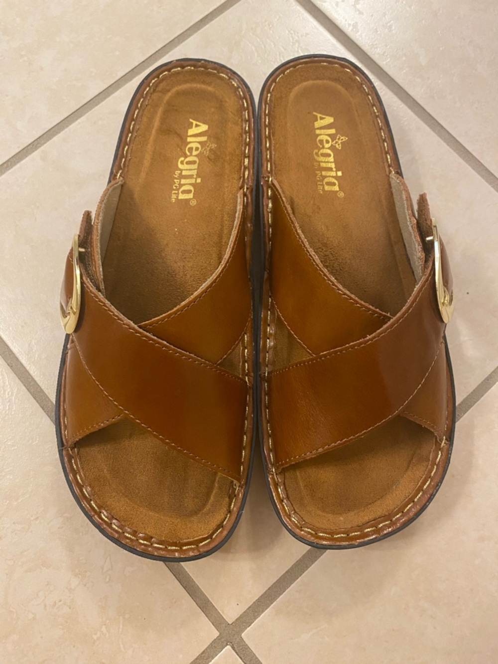 Alegria Brown Leather Crossover Slide Sandals with Gold Buckle - Picture 2 of 8